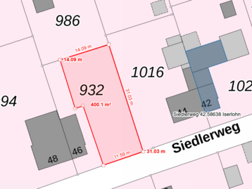 Darstellung des Grundstücks am Siedlerweg 17 in Iserlohn mit Flurstücksgrenzen und Maßangaben aus dem Kartenwerk TIM-online