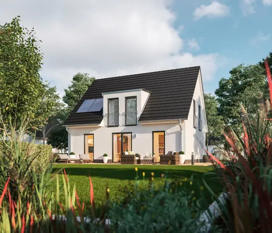 Town & Country Flair 134 Einfamilienhaus aus der Gartenperspektive – moderne Architektur mit großzügiger Fensterfront