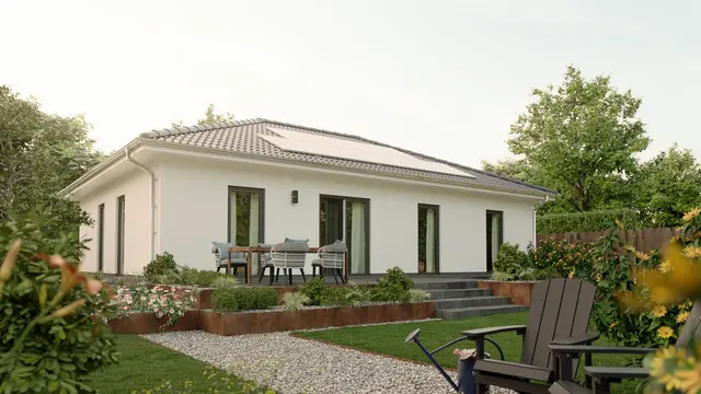 Bungalow 110 Gartenansicht mit großem Fensterbereich für viel Licht