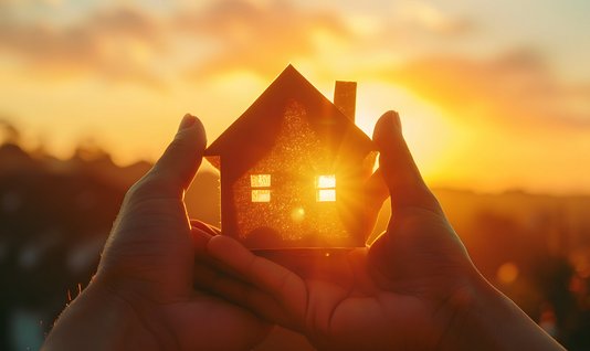 Haus in Händen vor Sonnenuntergang – Sonnenstrahlen leuchten durch die Fenster