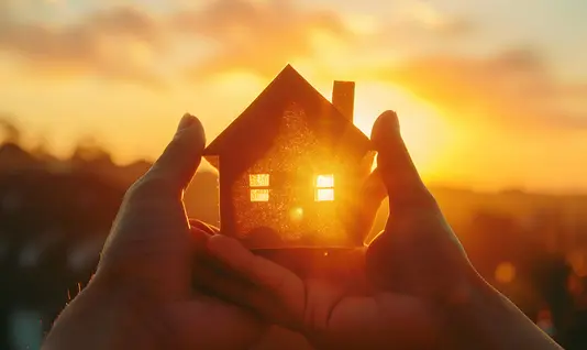 Symbolisch gehaltenes Haus bei Sonnenuntergang Haus in Händen vor Sonnenuntergang – Sonnenstrahlen leuchten durch die Fenster